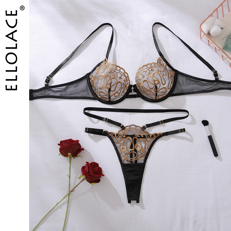 

Ellolace Elegant Lingeries Sexy Hot Exotic Gold Embroidered 2PC Women Underwear Premium Willowy See Through Bra Exclusive Thong