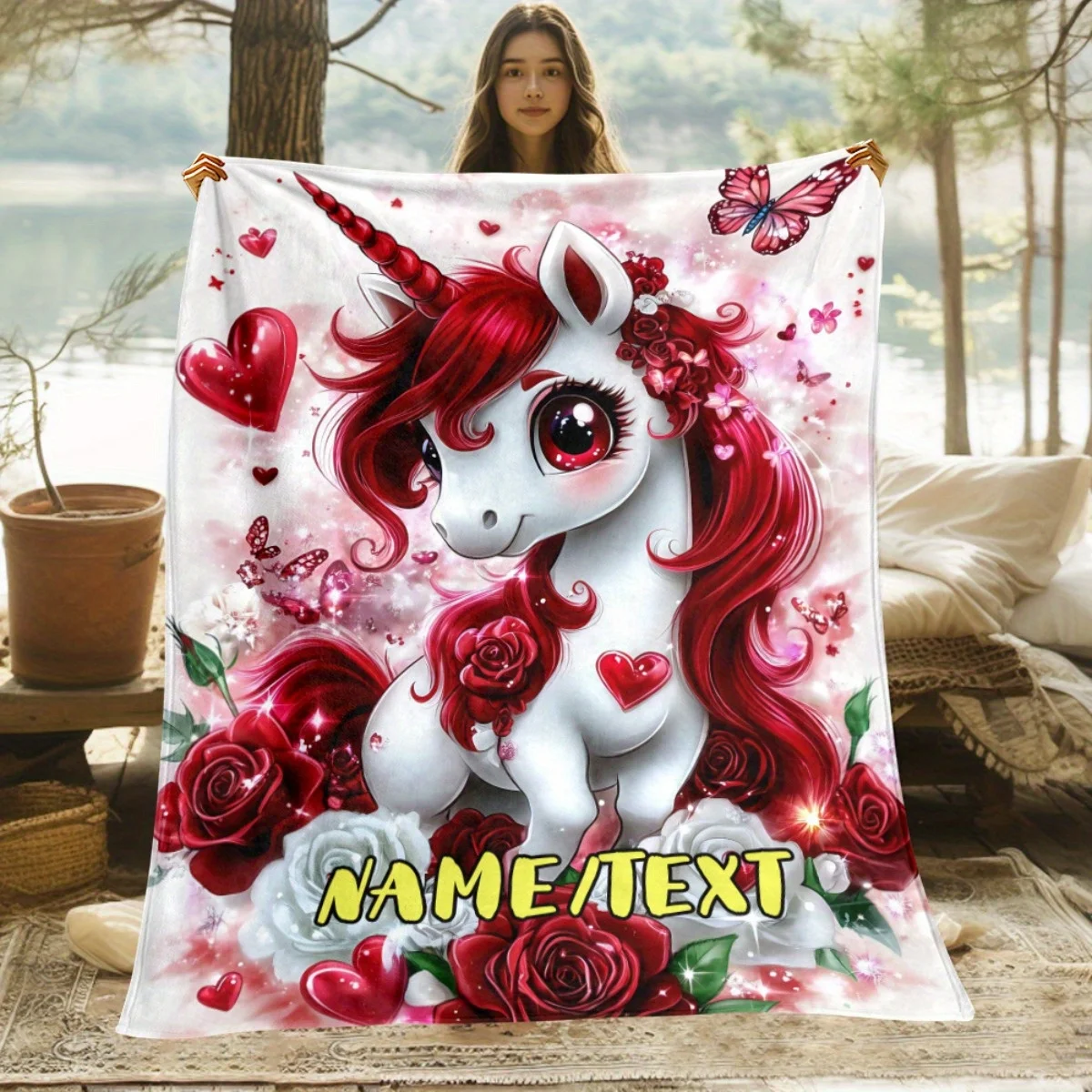 1pc Personalized unicorn blanket custom name and text, lightweight, suitable for all seasons and sofa bed travel companions