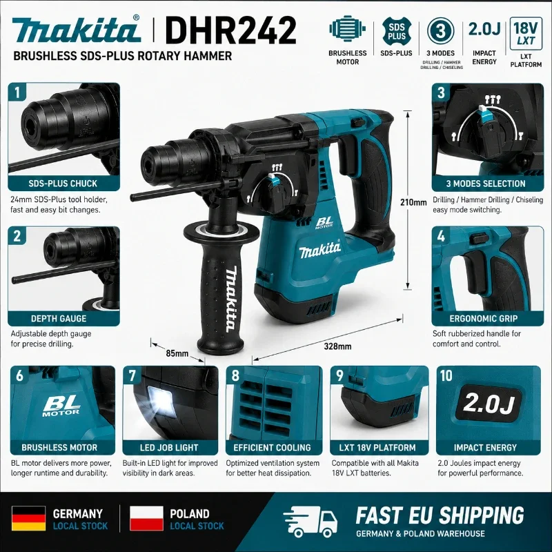 Original Makita DHR242 18V Bürstenloser Bohrhammer mit Makita 6,0Ah Akku, 24mm SDS-Plus, 3 Modi, 2,0J Schlagkraft, Professionelles Beton-Elektrowerkzeug, EU-Lager – Detail 6