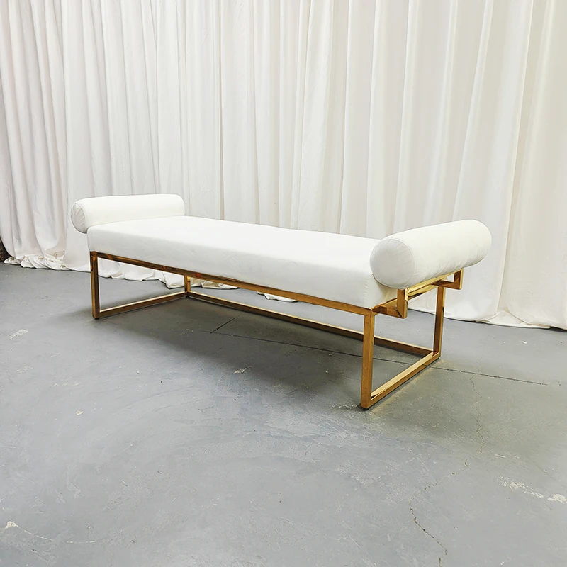 White Bench with Gold Frame and Cylinder Bolsters for Hotel Lobby
