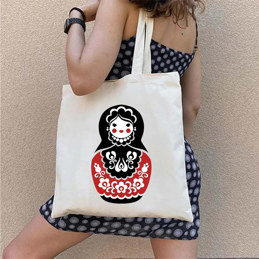 Cute Matryoshka Fabulous Russian Nesting Doll Soviet Cartoon Girl Women Canvas Shoulder Tote Bag Shopper Cotton Shopping Handbag