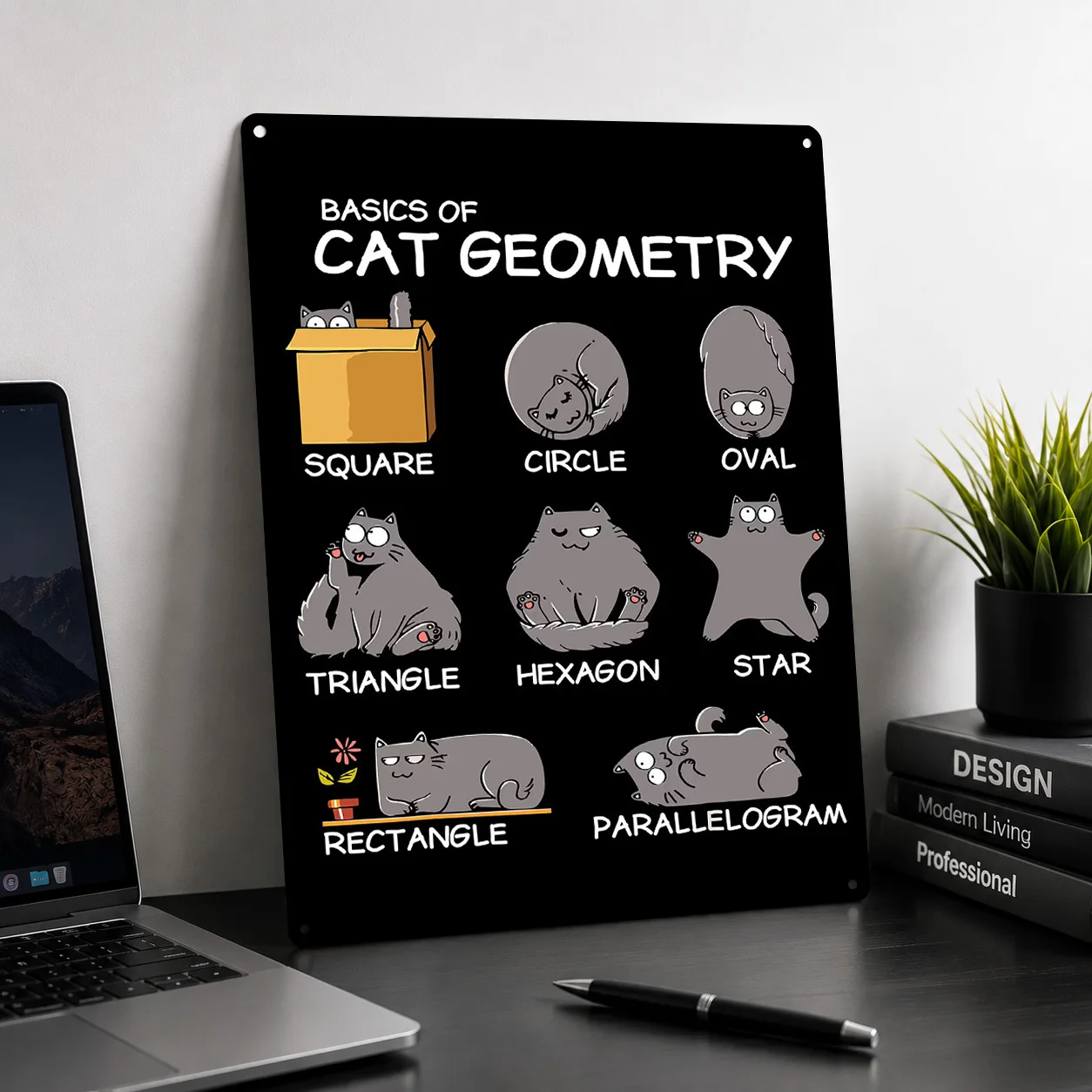 Basics of Cat Geometry Funny Art Personalized 3D Textured Metal Poster Wall Art Tinplate Sign for Vintage Decor Room House Home