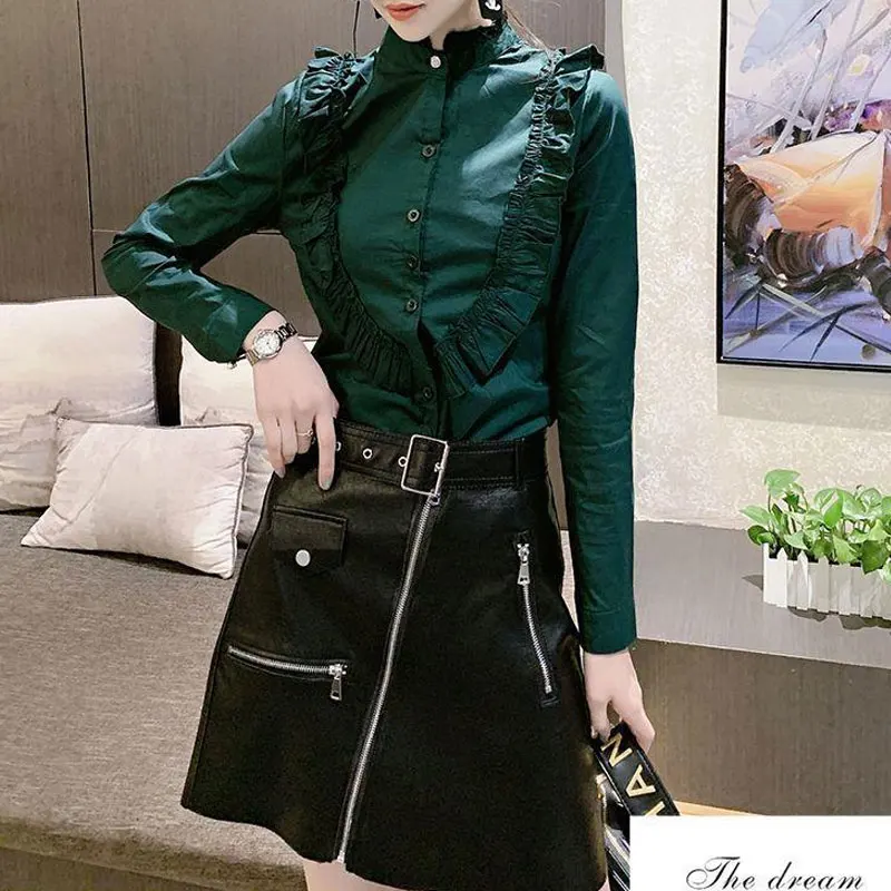 Female Commute Solid Color All-match Shirring Shirt Elegant Ruffles Spliced Spring Autumn Stand Collar Single-breasted Blouse