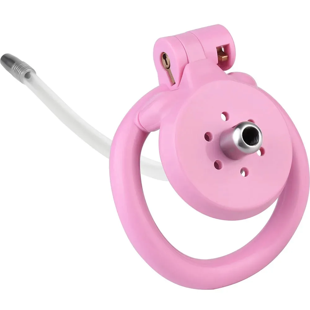 Gaiola de castidade com botão de resina, gaiola plana com trava invertida, cateter uretral removível, anel peniano de 4 tamanhos, brinquedo sexual sissy masculino