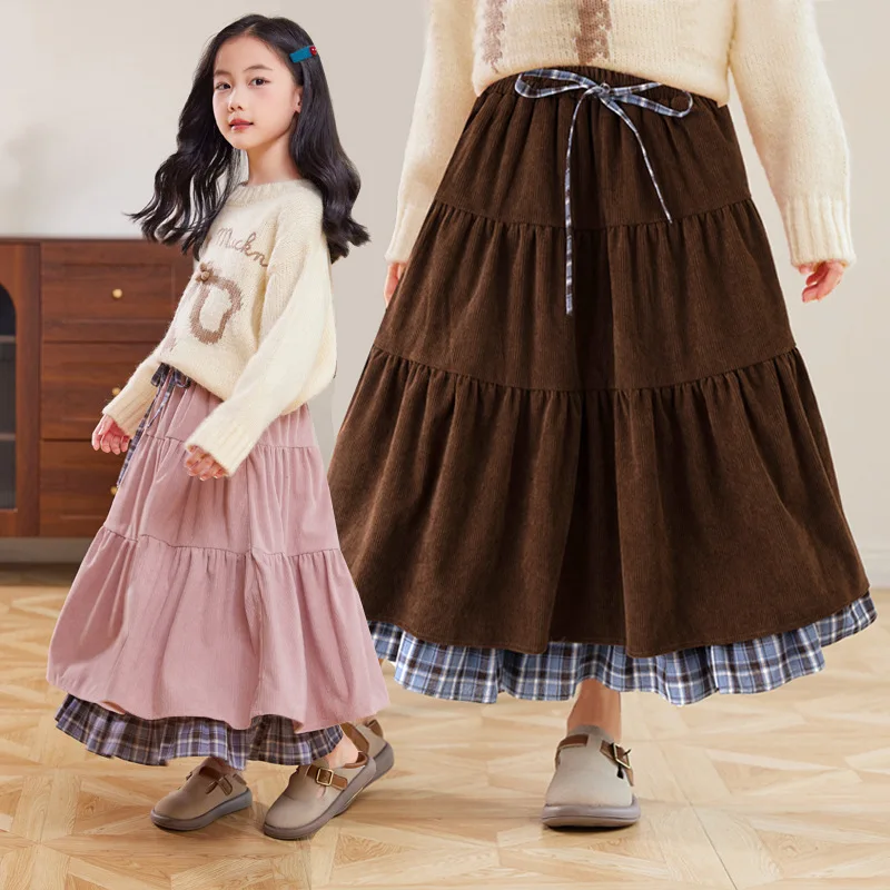 

Skirt Double-layer Retro Cake Skirt A-line Midi Corduroy Slim-fitting Midi Long Length Grils Children Autumn Winter Sweet