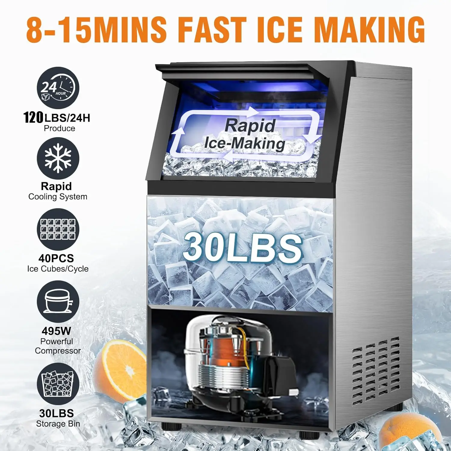 Commercial Ice Maker Machine, 120Lbs/24H with 30Lbs Storage Bin, 40Pcs Ice Cubes 6Mins, 2-Way Add Water Under Counter Freestandi