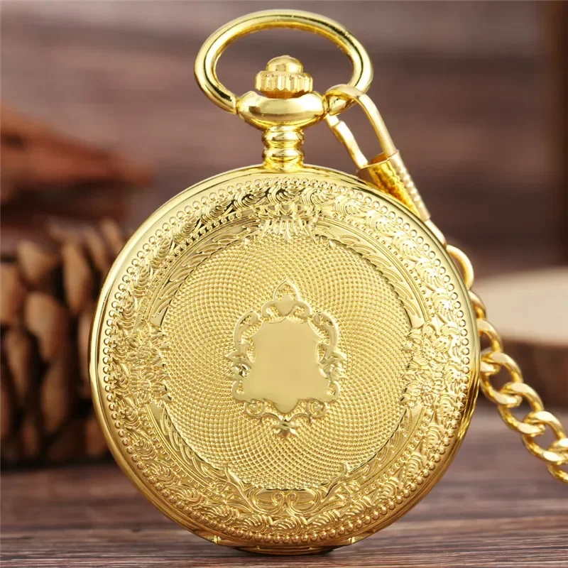 Luxury Golden Shield Design Clock Skeleton Dial Mechanical Hand Winding Pocket Watch for Men Women FOB Chain Gift