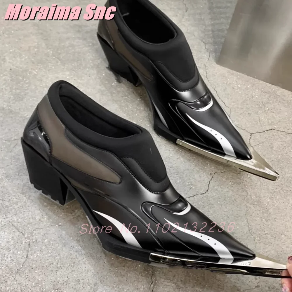 

Unique Metal Pointed Toe Chelsea Boots Block Chunky Heel Slip On Sexy Fashion Women's Short Boots Mixed Colors 2025 New Spring