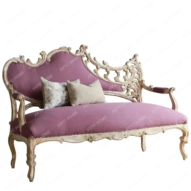 XX retro solid wood sofa  three-person sofa carved antique fabric