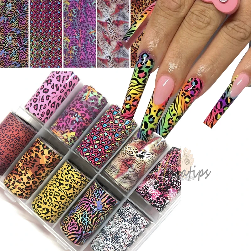 10 Roll Luxury Pink Leopard Print Nail Foils Transfer Decals Zebra Snake Print Acrylic Nails Design Manicure Decorations