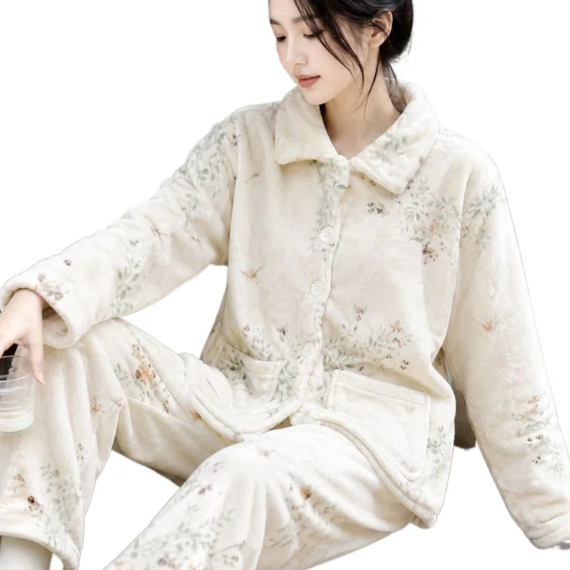 Women's Coral Fleece Large Size Loose Thickened Warm Suit Can Be Worn Outside Loungewear Foreign Style Lapel New Winter Pajamas