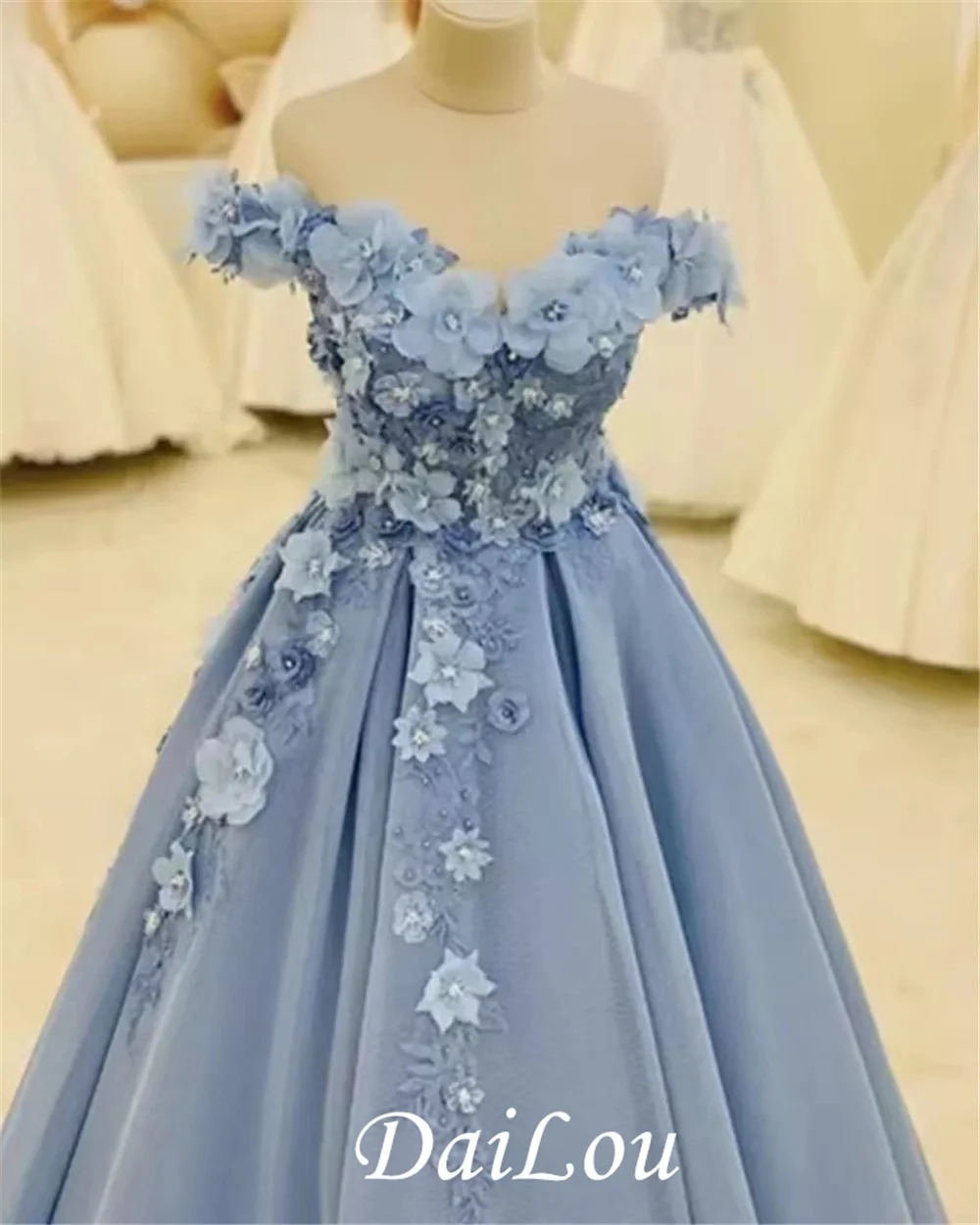 Licht Blauwe Bloemen Prom Dresses Off Shoulder Mouwloze Lange Avond Formele Jassen Party Robes De Soiree Vestidos De Fiesta