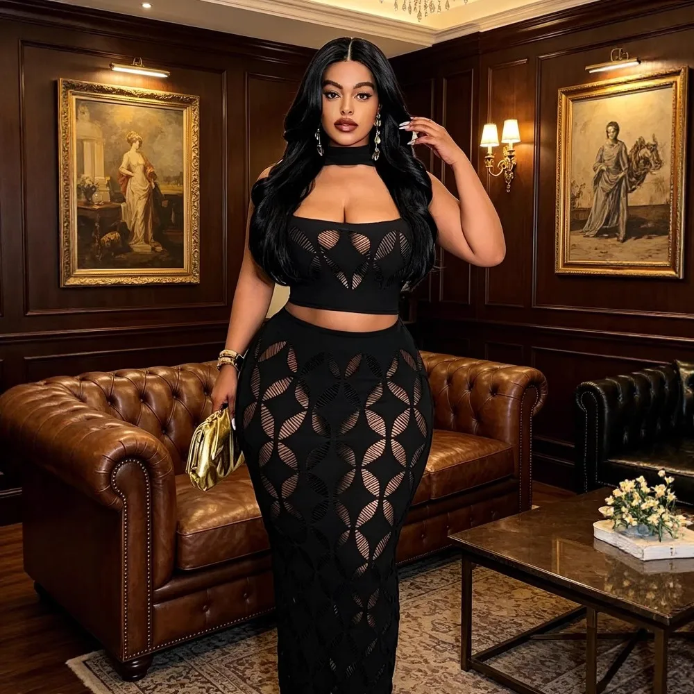 FAGADOER Women Hollow Out Mesh 2 Piece Set Halter Neck Crop Top and High Waist Bodycon Maxi Skirt Sexy Clubwear Party Outfit New