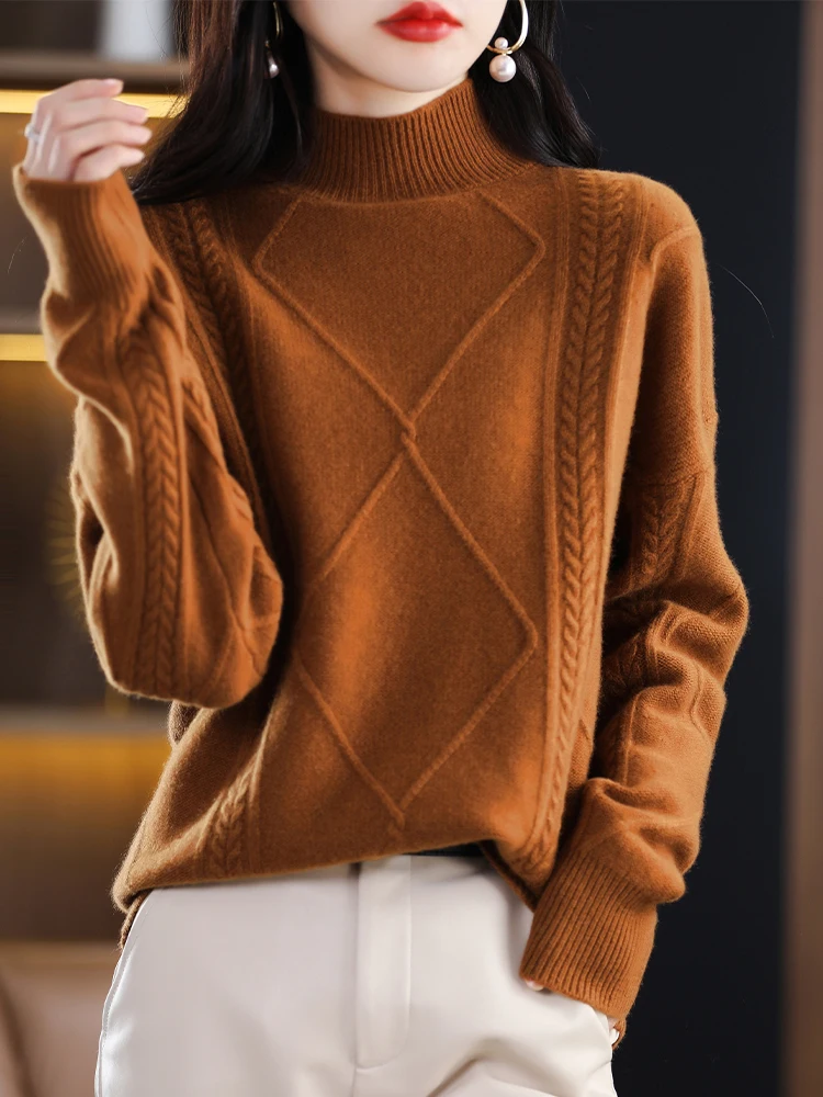 

CHICUU Autumn Winter Women Cashmere Sweater Thick Mock Neck Pullover Cable Knit 100% Merino Wool Knitwear Korean Style Tops