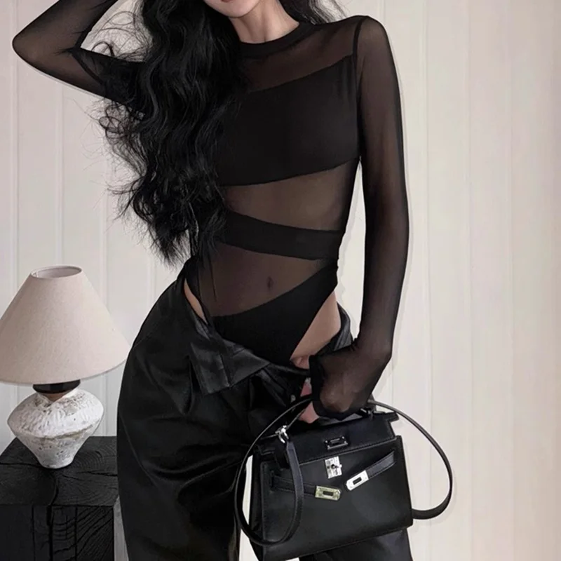 Sexy Perspektive Y2k Kleidung Aushöhlen Bodys Mesh Sheer Top Frauen Langarm Patchwork Body Schwarz – Detail 9