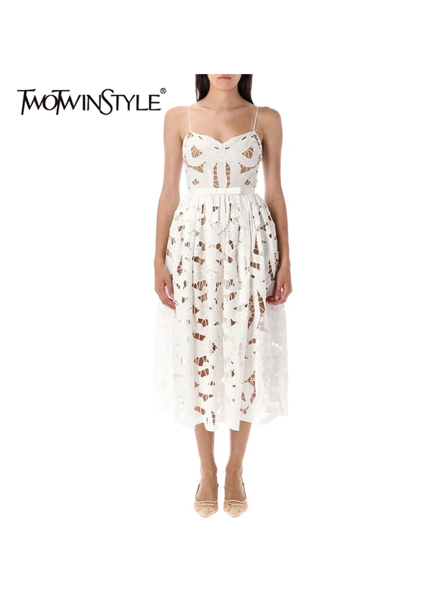 

TWOTWINSTYLE Solid Hollow Out Slimming Dresses For Women Square Neck Sleeveless High Waist Temperament Chic Long Dress Female