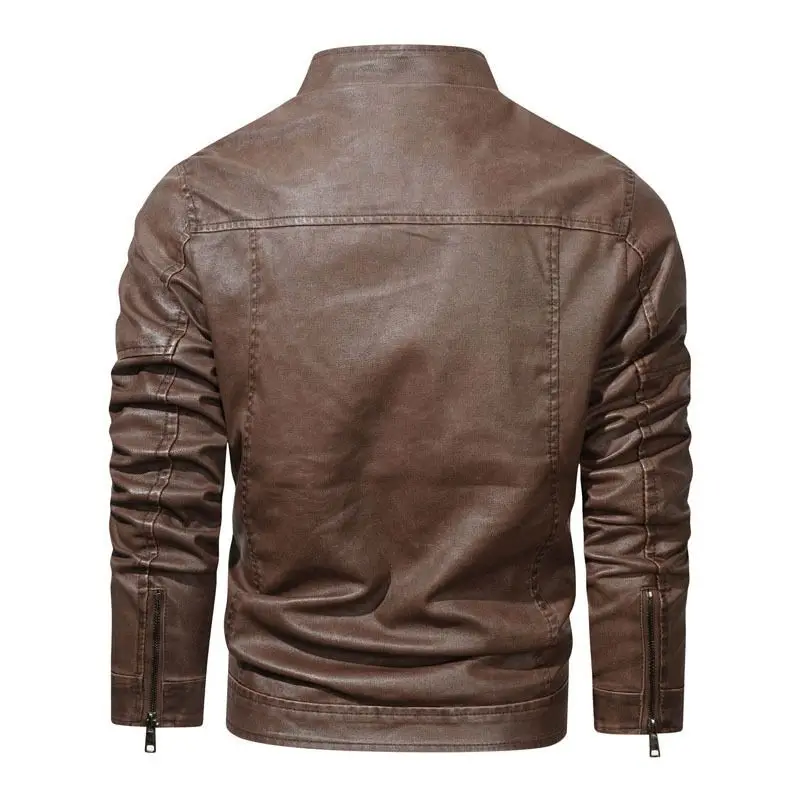 Men's PU Leather Jacket Coat Winter Stand Collar Slim Motorcycle Clothing Warm Fashionable