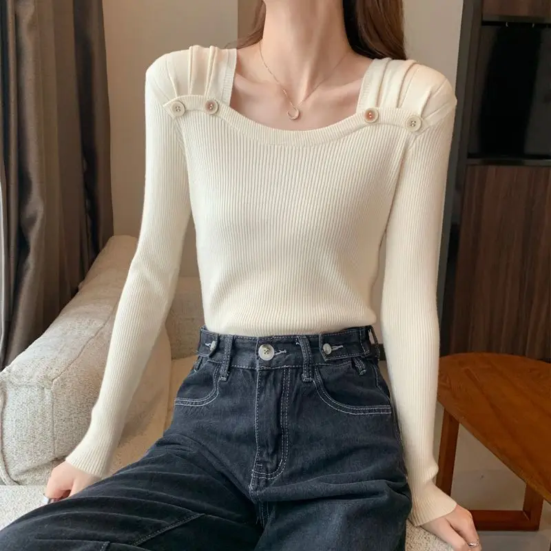 Jersey nuevo con cuello cuadrado francés de diseño a la moda para mujer, Top básico de punto para otoño e invierno 2025