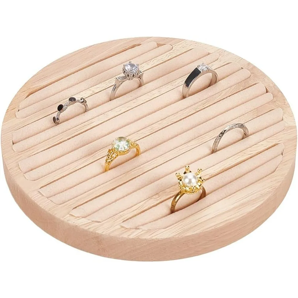 Wooden Jewelry Display Tray, 6 Long Slots Ring Earring Display Storage Holder White Leather Insert Jewelry Organizer Tray