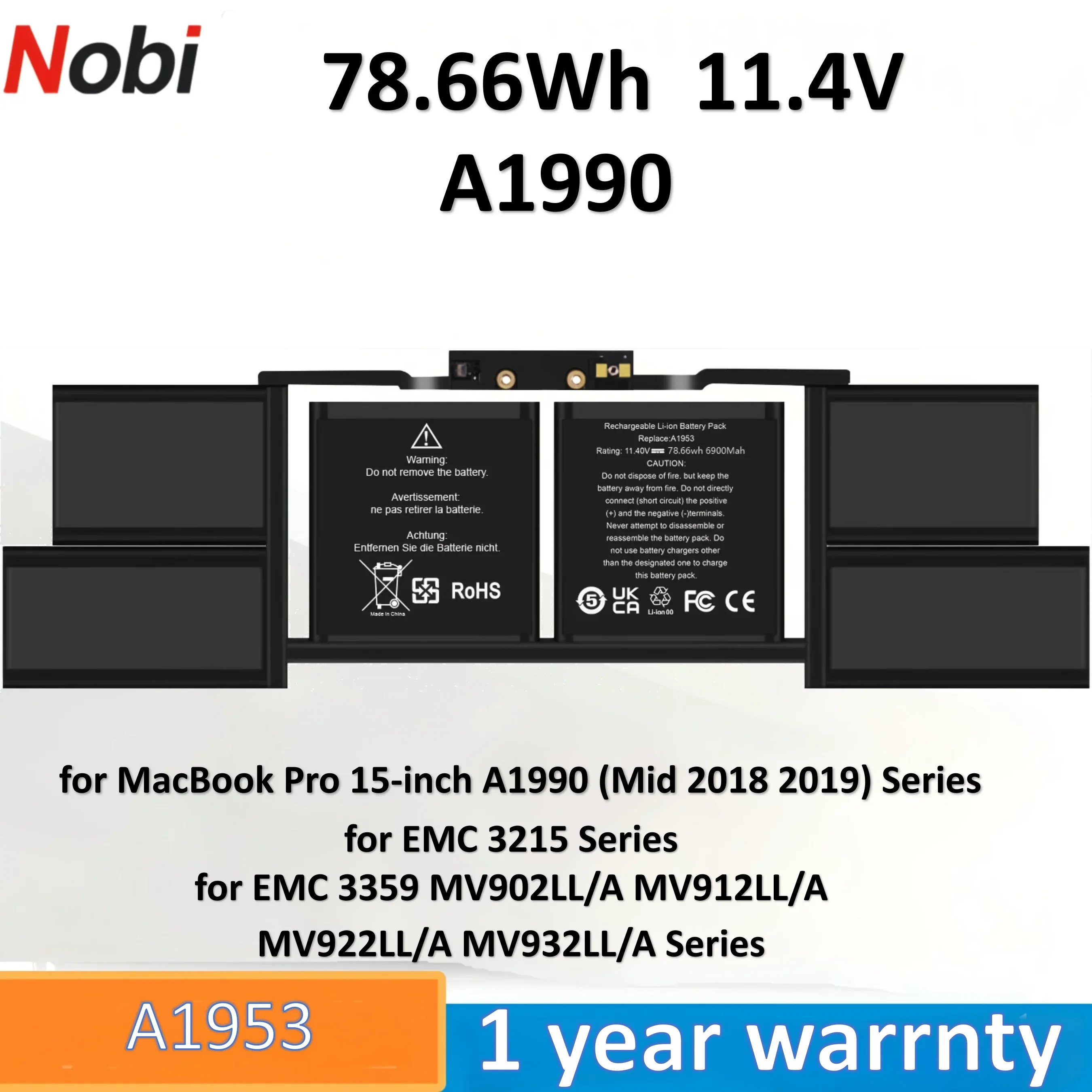 

Nobi A1953 Laptop Battery compatiable with for MacBook Pro 15-inch A1990 (Mid 2018 2019) EMC 3215 EMC 3359 MV902LL/A MV912LL/A