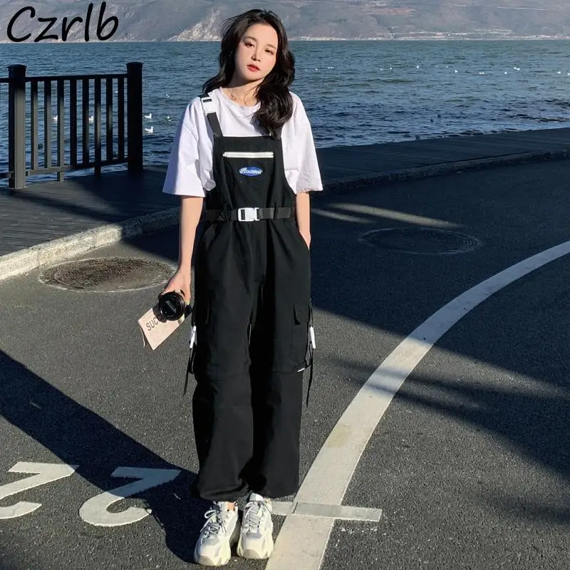 Macacões de carga feminino gótico vintage bolsos cinto streetwear kawaii verão destacável calças largas moda bf coreano preppy