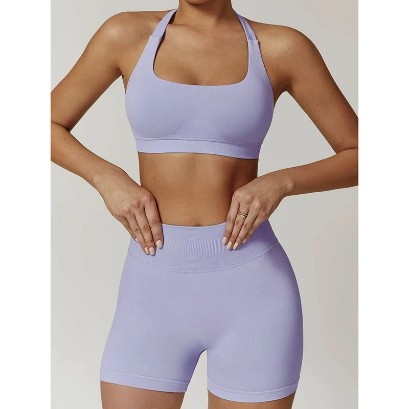 Sexy Halter Neck Beautiful Back High Waist Peach Sports Bras Shorts Suit Pilates Gathering Yoga Vest Training Fitness Bra Sets