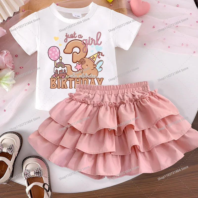 Capibara 2-teiliges T-Shirt und Rock Set für Mädchen, Anime-Cartoon mit Nummern 1-10 Bedruckt, Sommerkleidung für Kinder, Modische Röcke, Geschenke – Detail 10