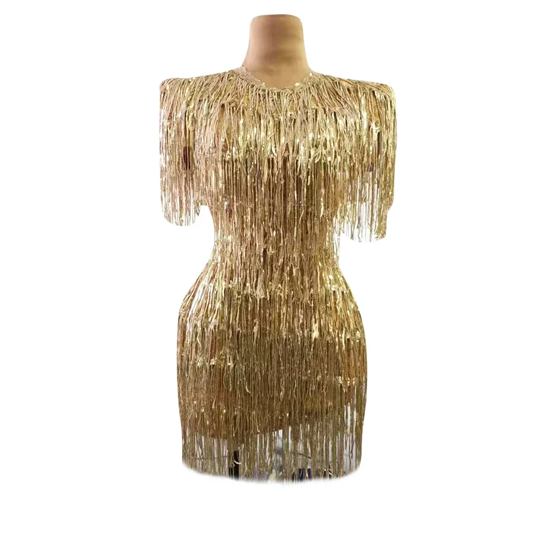 

Shiny Gold Sequins Fringes Sleeveless Short Dress Evening Birthday Celebrate Costume Women Dancer Show Party Dress Jinhuanghuang