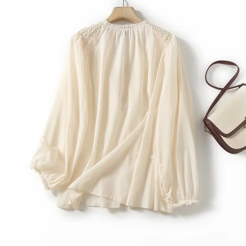 Withered French Office Ladies Beige Commuter Blouse Fashion Texture Stitching Loose Shirt Women Tops