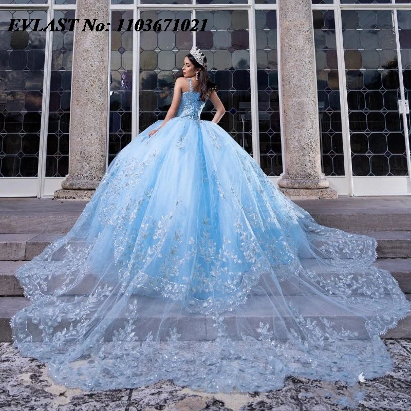 EVLAST блестящее синее платье для Quinceanera бальное платье Блестящие Блестки Аппликация из бисера алмазы милые платья для 16 15 лет SQ156