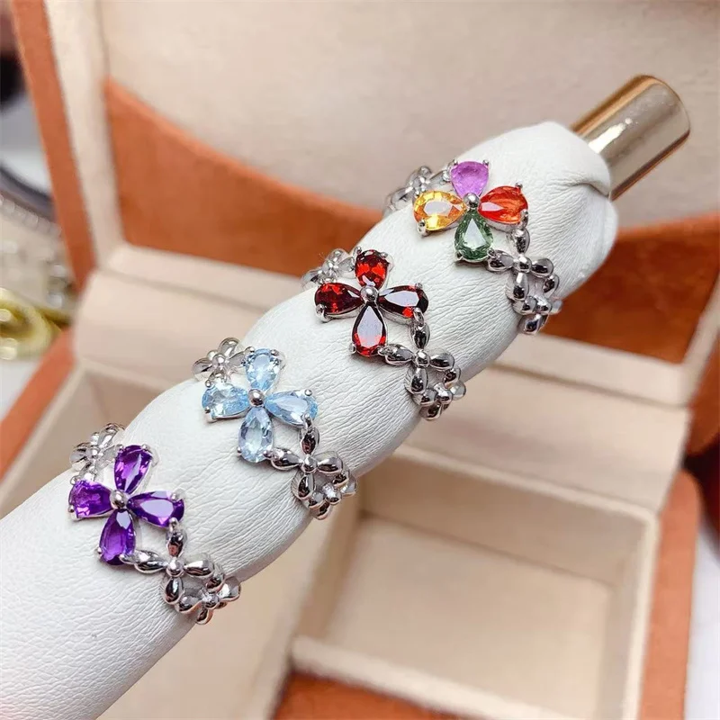 

Original 925 Sterling Silver Natural Amethyst Sapphire Topaz Garnet Wedding Ring for Women Christmas Gift with Certificate