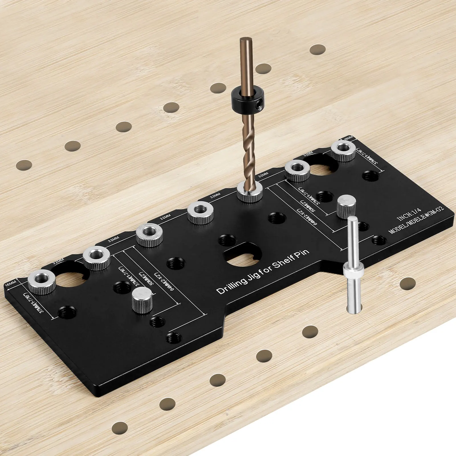 EZ Align Shelf Pin Drilling Jig - Dual Sided With 1/4 & 5mm Drill Bits