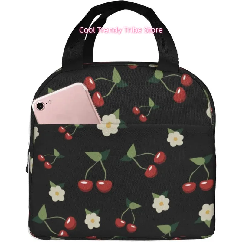 Insulated Lunch Bag Suitable for Women & Men - Cute Cherry Print Lunch Box Container with Front Pocket & Handle, Oxford Cloth fo
