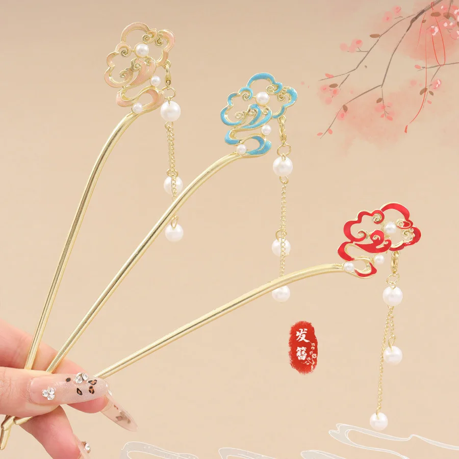 

2025 New Vintage Chinese Hairpin - Pearl Tassel Cloud Motif Elegant Hair Stick for Women Retro Hair Accessories
