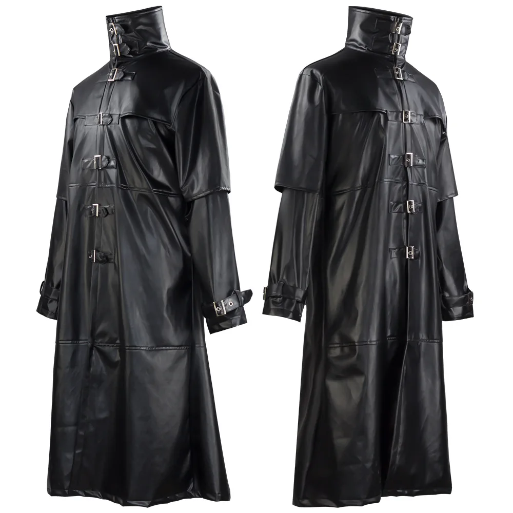Men Plague Doctor Cosplay Costume Medieval Vintage Long PU Leather Coat Snap Button Gothic Steampunk Overcoat for Halloween view 6