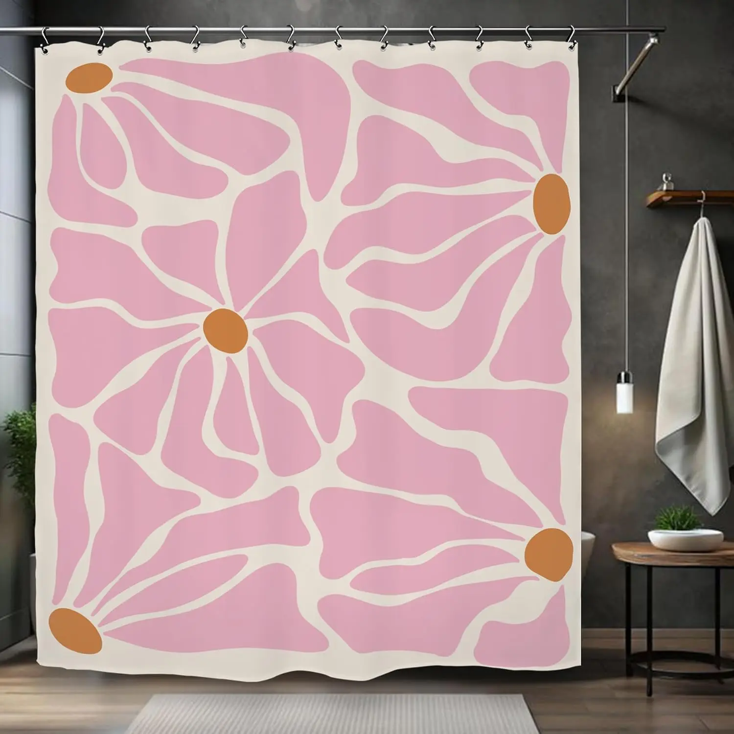 

Pink Abstract Flower Pattern Waterproof Polyester Fabric Shower Curtain with Hooks Retro Art Design Modern Minimalist Bathroom