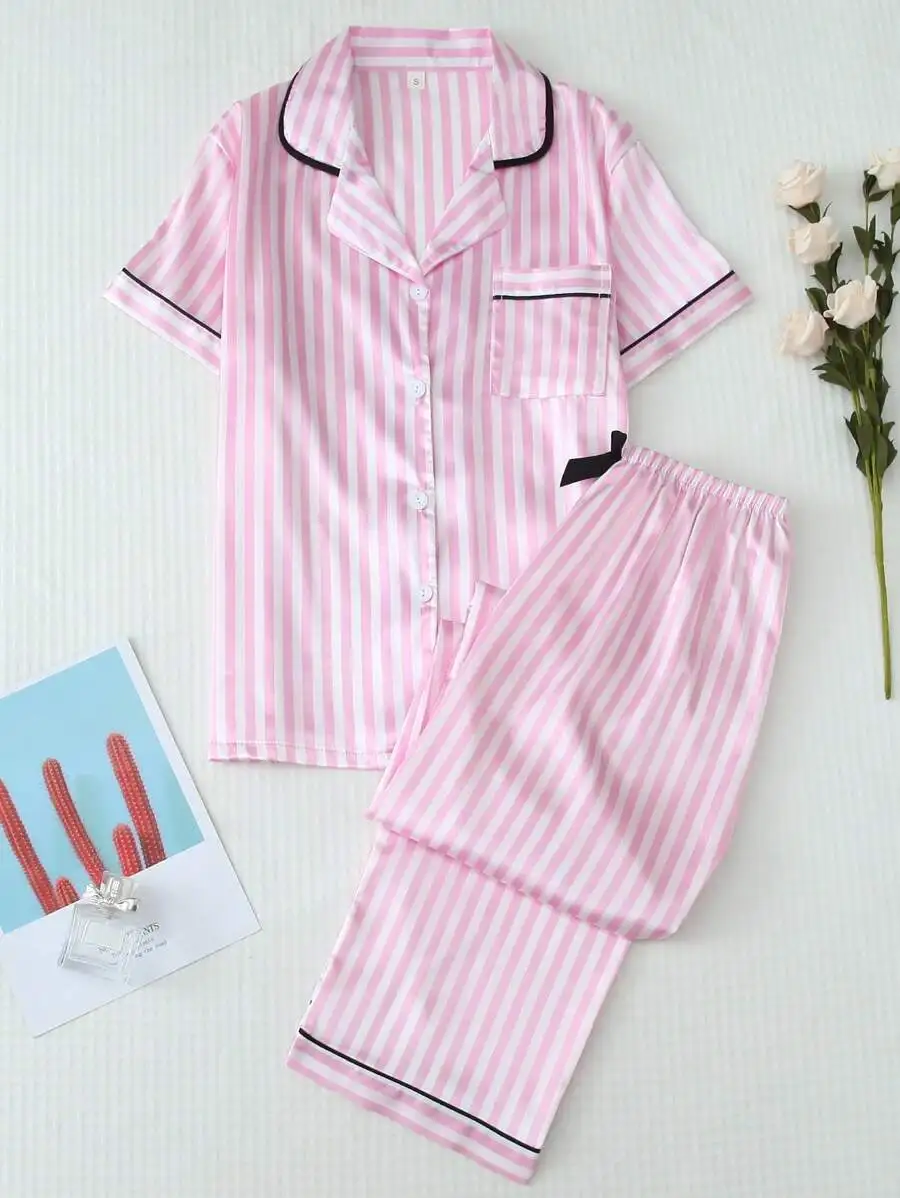 

Women Satin Short Sleeve Collar Top And Striped Pants Pajama Set