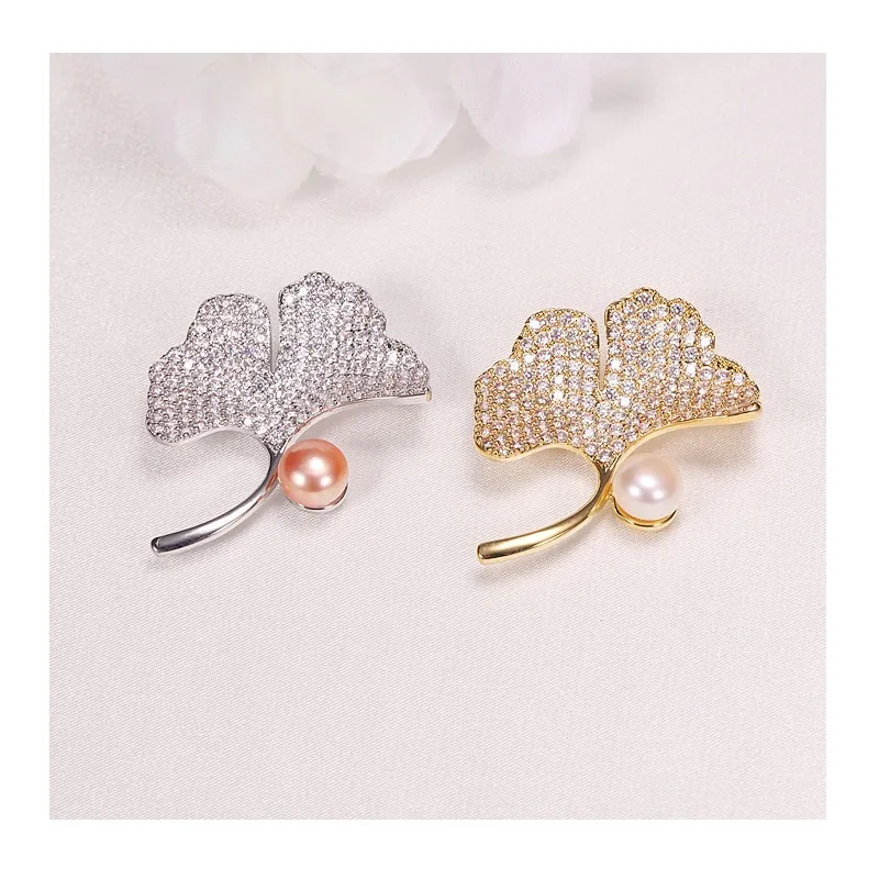 

Brooch Copper Gold Plated Zircon Apricot Leaf Brooch Pearl Pin Freshwater Pearl Jewelry Brooch Female