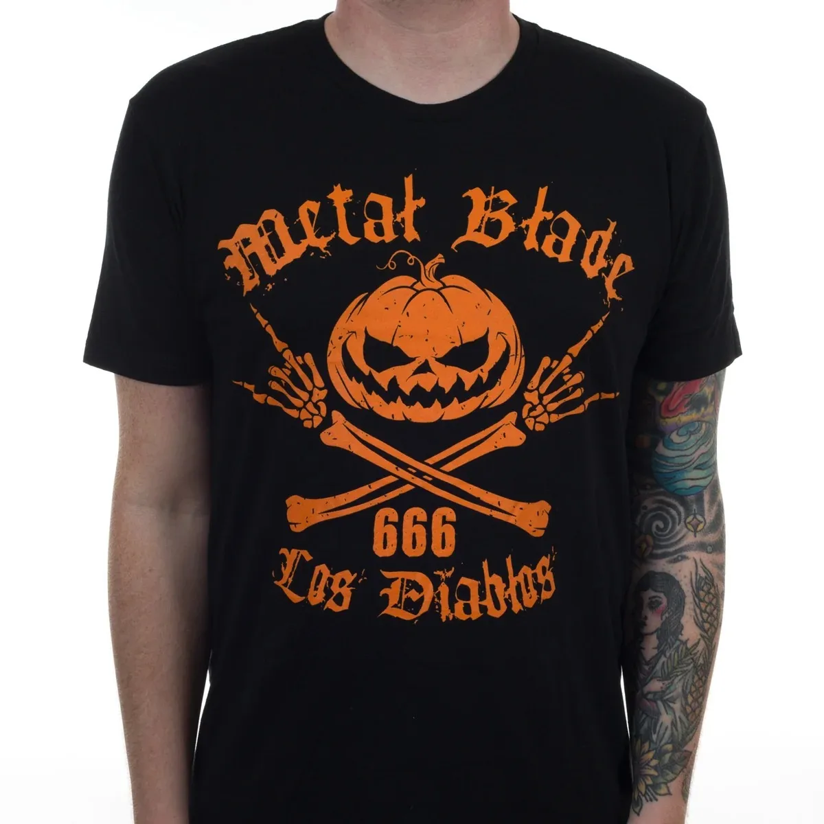 Metal Blade T‑Shirt,Halloween Los Diablos Pumpkin Cross Bones Artwork,spooky Vintage Metal Record Label Fan Collectible Unisex