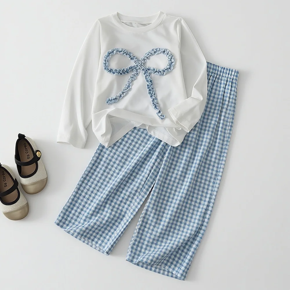 

Весенние комплекты одежды для девочек, топ с длинными рукавами и милым бантом, комплект брюк в клетку, осень 2022, новый повседневный комплект из двух предметов, детская одежда