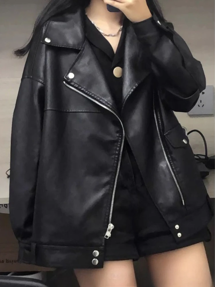 

Fashion Women Solid Color Oversize Loose Causal Outerwear Black PU Leather Jackets European Motorcycle Faux Leather Jackets