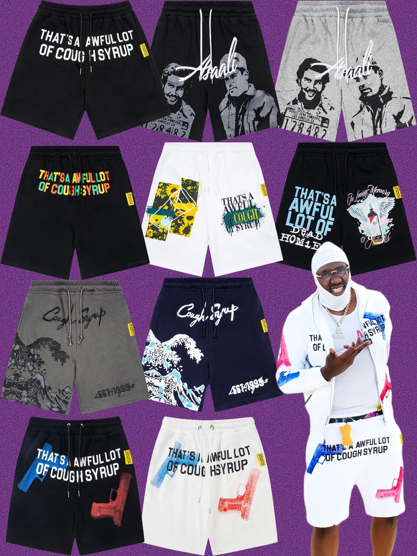 American Street Style Coughsyrup Printed Casual Hip Hop Short Pants Loose Fit Cotton Men's Summer Fashion Trousers