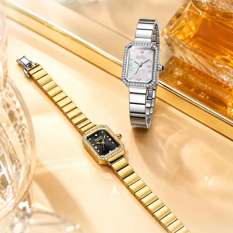 MARK FAIRWHALE FW‑3003 Zircon Inlaid Bezel High‑Transmittance Coated Crystal Stainless Steel Strap Womens Quartz Wristwatch