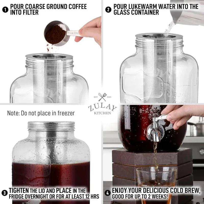 3/4/5L Gallon Cold Brew Coffee Maker - Large Iced Tea & Cold Brew Pitcher with Extra-Thick Glass & Stainless Steel Infuser