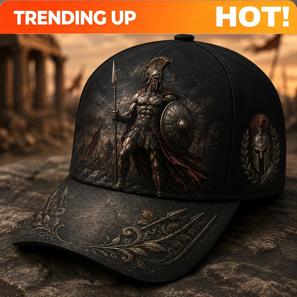 Customization Men'S Baseball Cap With Ancient Arena-Style Human Figure Shield, Featuring Historical And Artistic Elements. Adjus