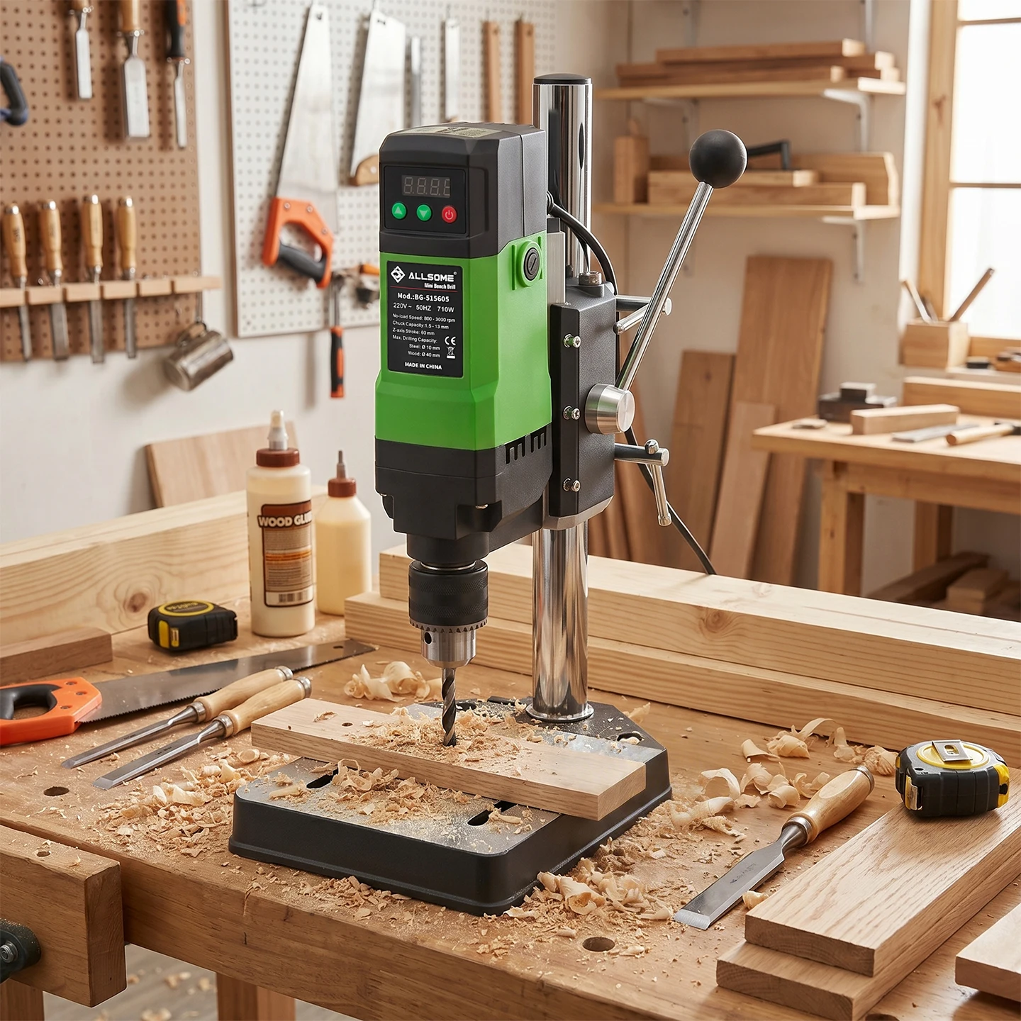 ALLSOME 710W Tischbohrmaschine, 800-3000 U/min Bohrmaschine mit variabler Geschwindigkeit, 1,5-13 mm Bohrfutter