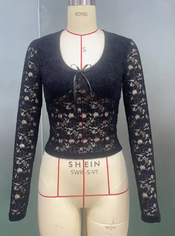 

Top Women 2025 Spring Autumn New Solid Color Hot Girl Half Transparent Deep U Neck Long Sleeve Crop Top Female Sexy Lace Shirt