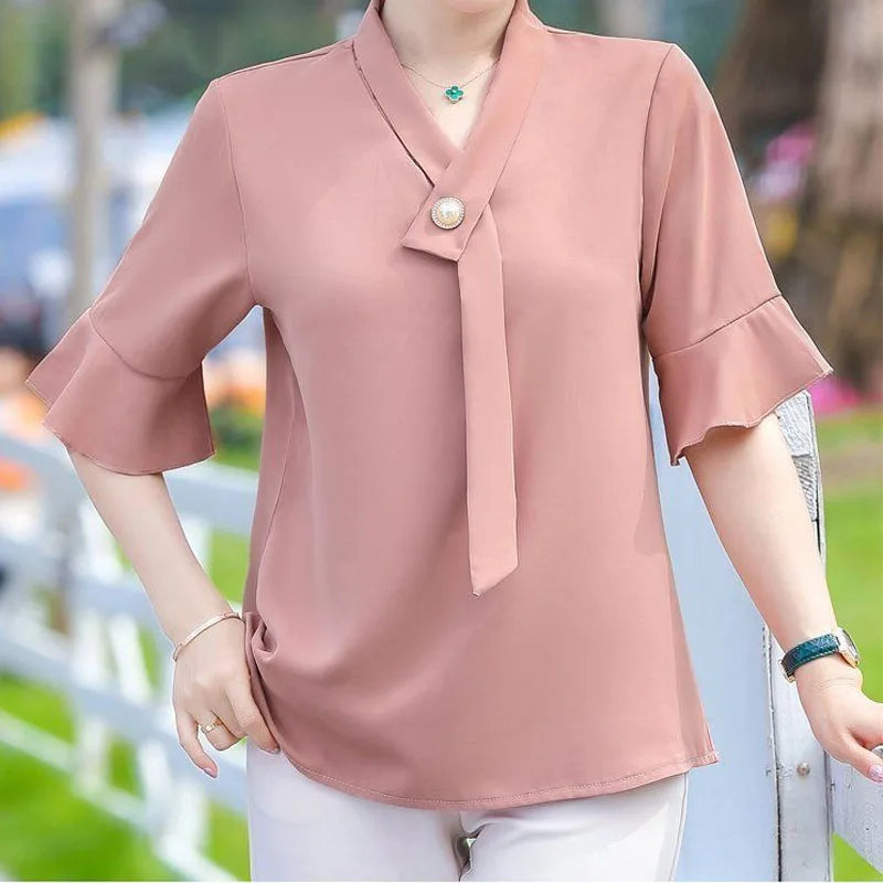 Simplicity Elegant Solid Color Chiffon Shirt Women's Clothing Summer All-match Fashion Spliced Short Sleeve V-Neck Blouse Female