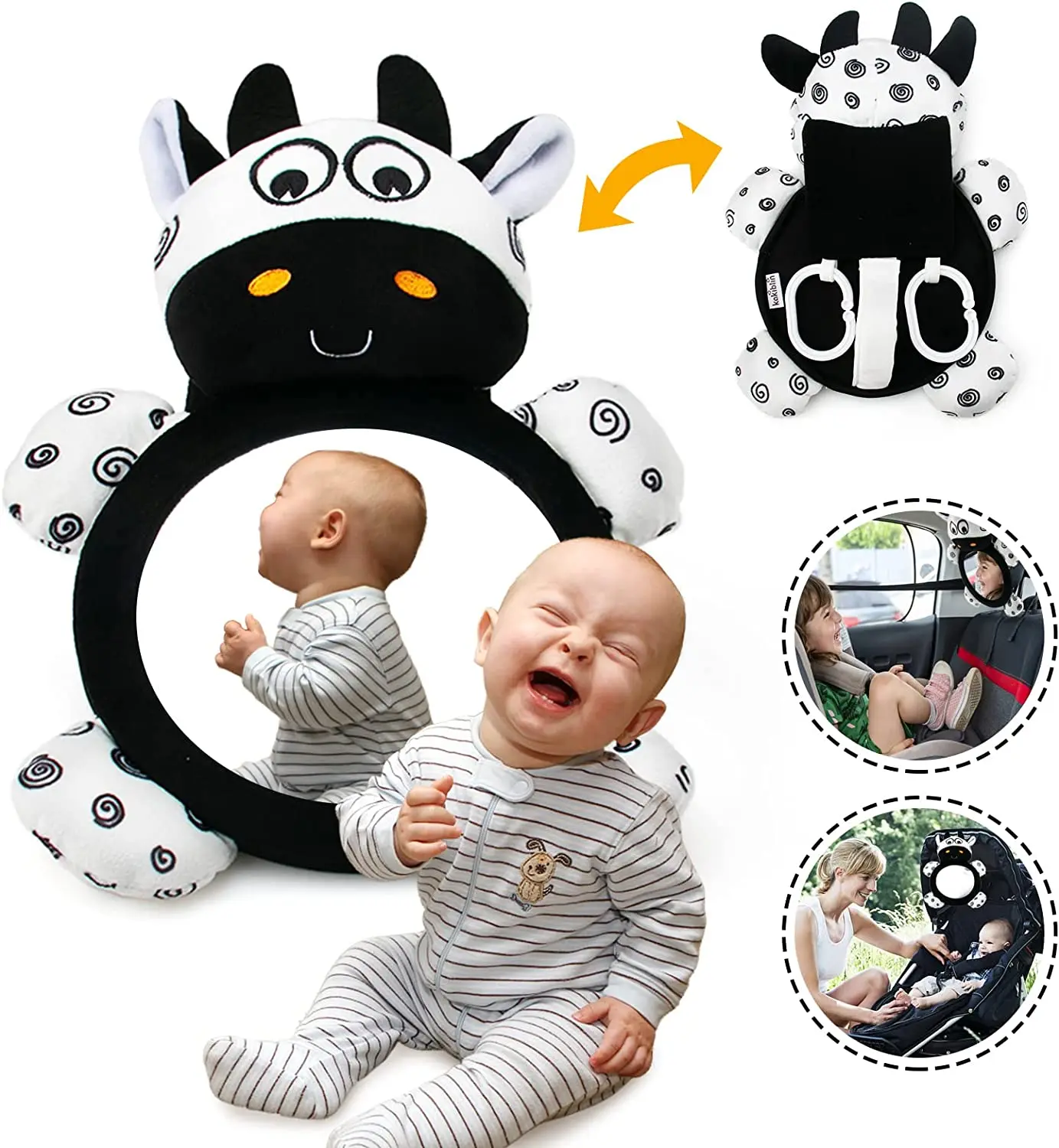 Car Seat Toys for Infant 0+ Months Baby Rear Mirror Hanging Squeaky Sensory Soft Rattle Baby Toys Activity Center for Play Kick