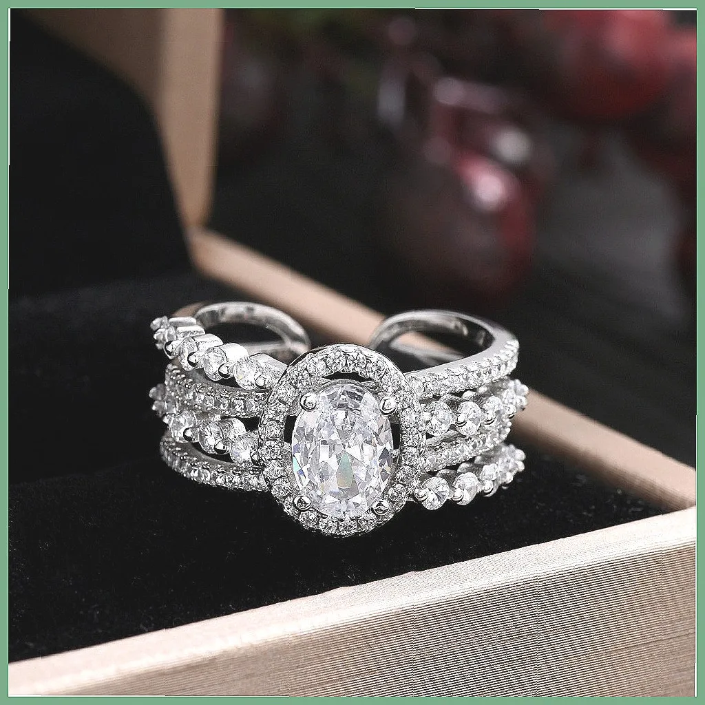 Oval Zircon Ring for Women, Luxury Micro-Inlaid Full Diamond Pigeon Egg Design, European & American Cross-border Wholesale